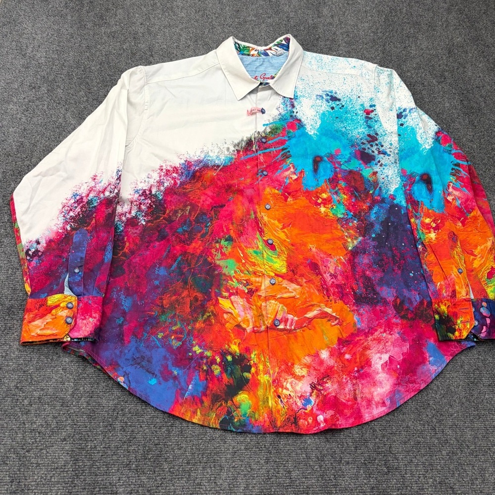 Robert Graham Mens 2XL White Multi Color Abstract Paint Splatter Button Down